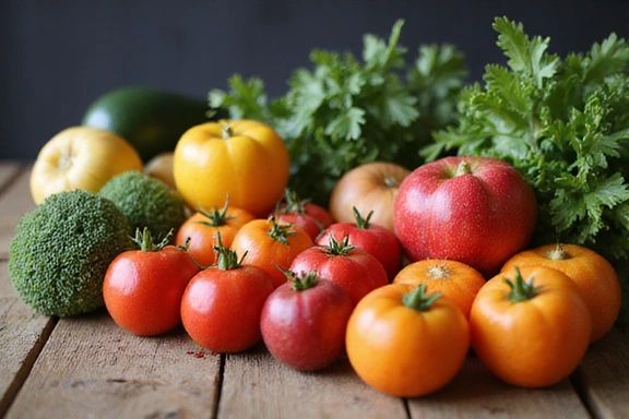 Una variedad de frutas y verduras frescas dispuestas artísticamente en una mesa de madera, con un ambiente de mercado o cocina saludable.