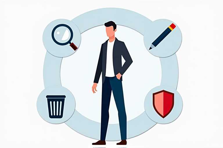 Ilustración de una persona con varios iconos de derechos de datos a su alrededor, como una lupa para acceso, un lápiz para rectificación, y una papelera para supresión.