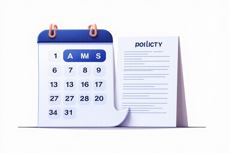 Ilustración de un calendario con una fecha resaltada y un documento, representando las actualizaciones de políticas.