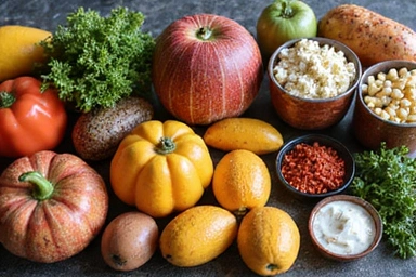 Variedad de alimentos saludables en una mesa, representando el manejo de enfermedades
